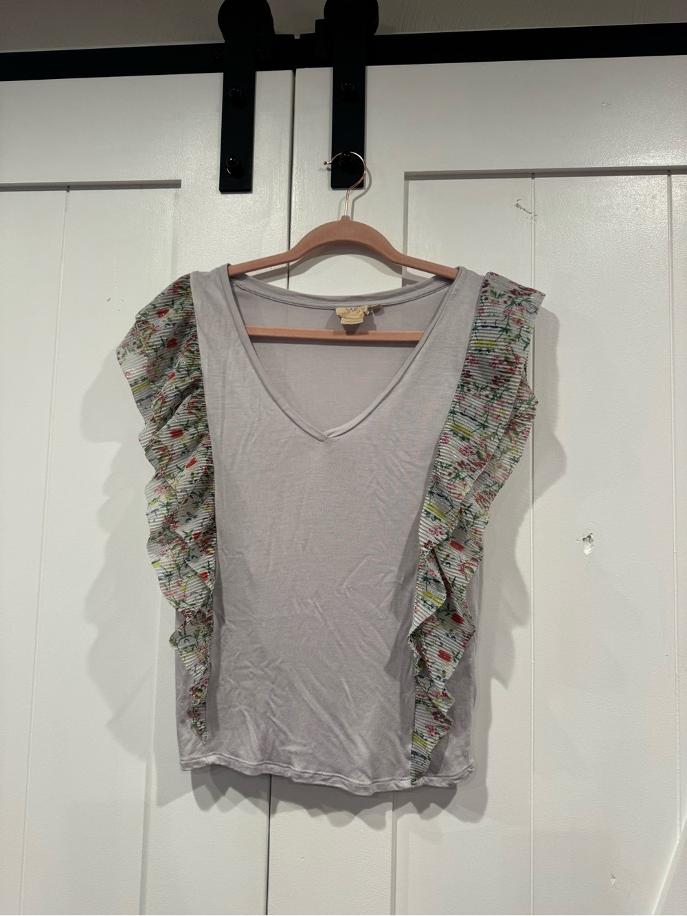 Anthropologie Light Gray V-Neck Tank with Floral Ruffle Trim